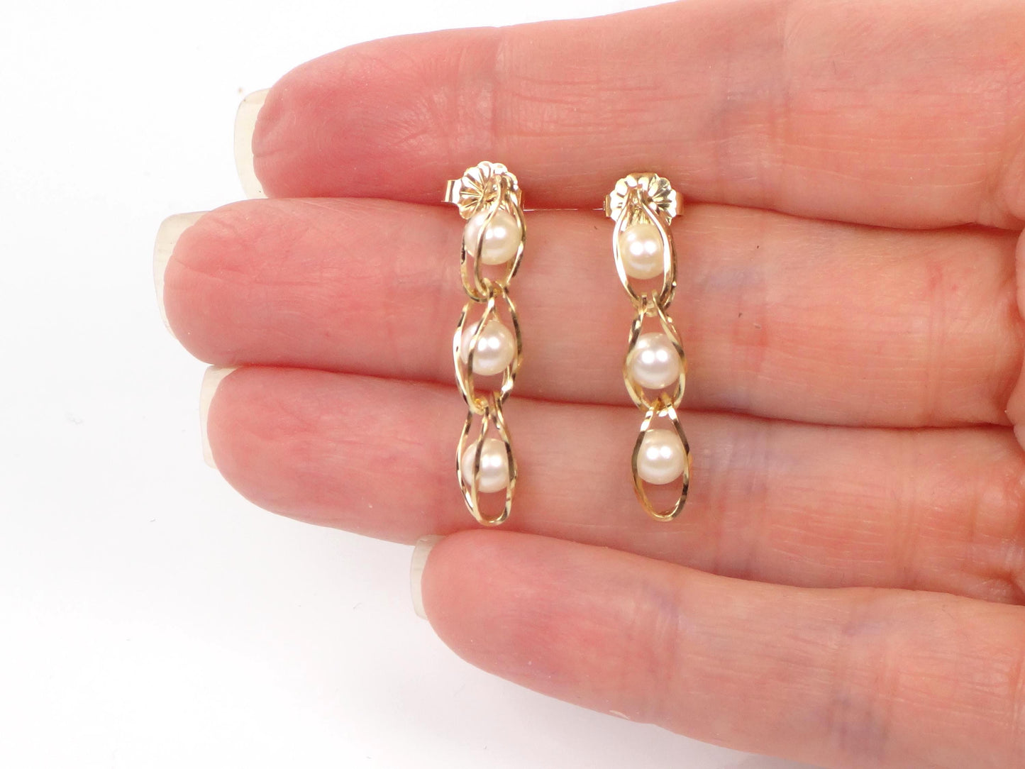 Vintage 14k Yellow Gold Caged Pearl Dangle Earrings-BelmarJewelers