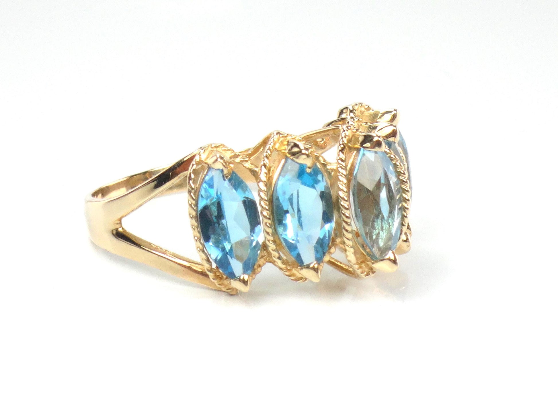 Vintage 14k Yellow Gold Marquise Blue Topaz Ring, Size 7.5-BelmarJewelers