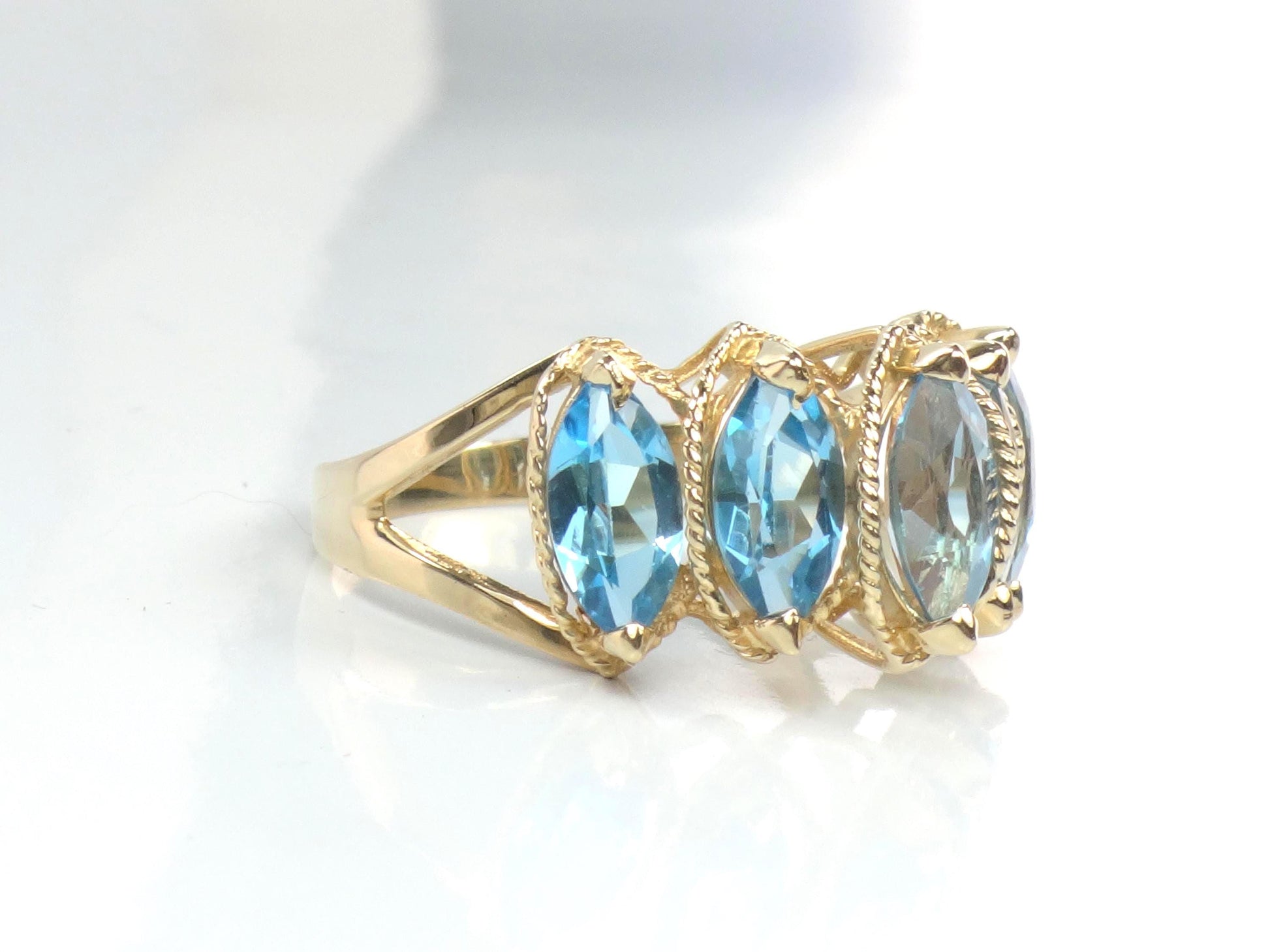 Vintage 14k Yellow Gold Marquise Blue Topaz Ring, Size 7.5-BelmarJewelers