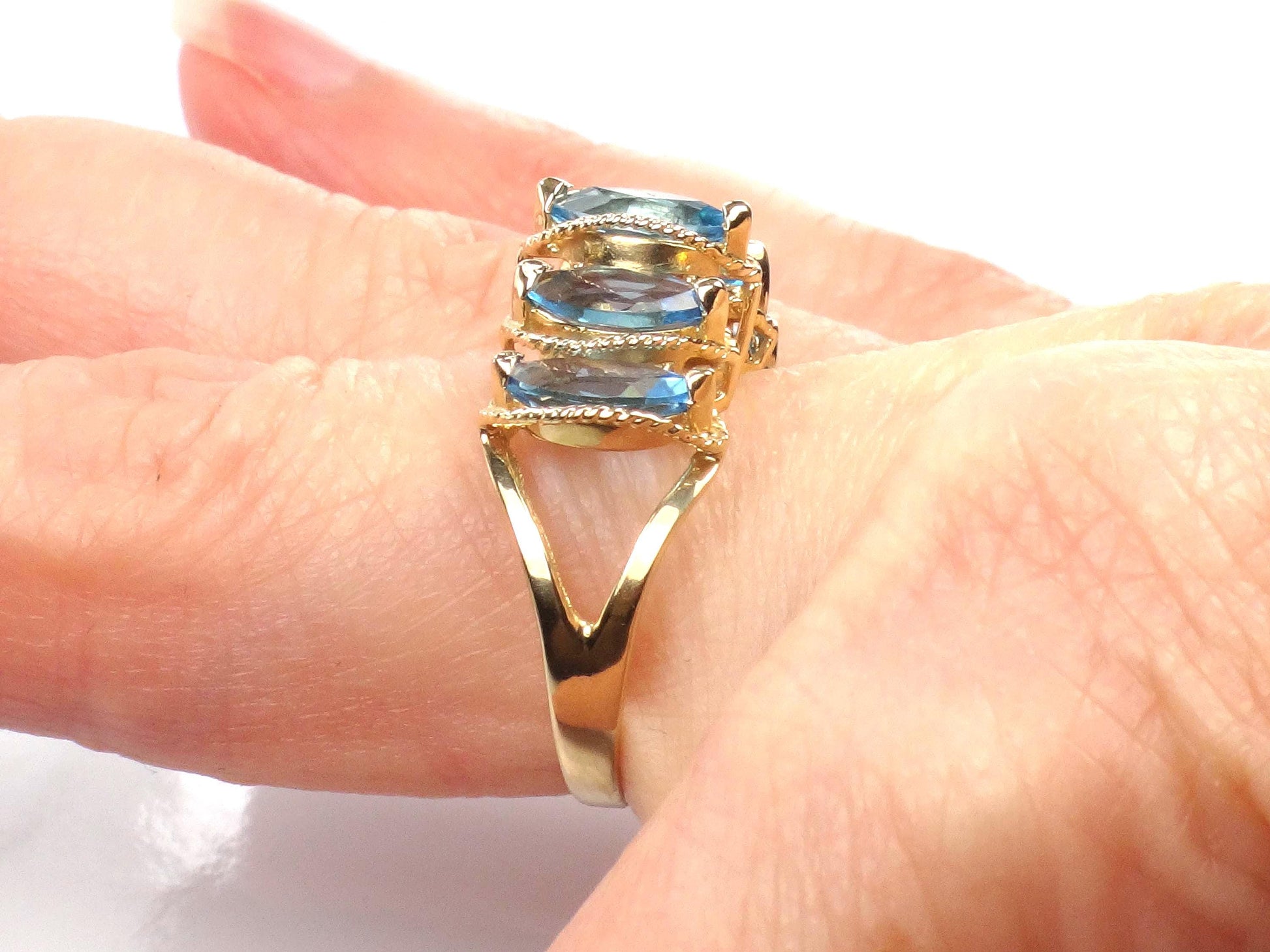 Vintage 14k Yellow Gold Marquise Blue Topaz Ring, Size 7.5-BelmarJewelers