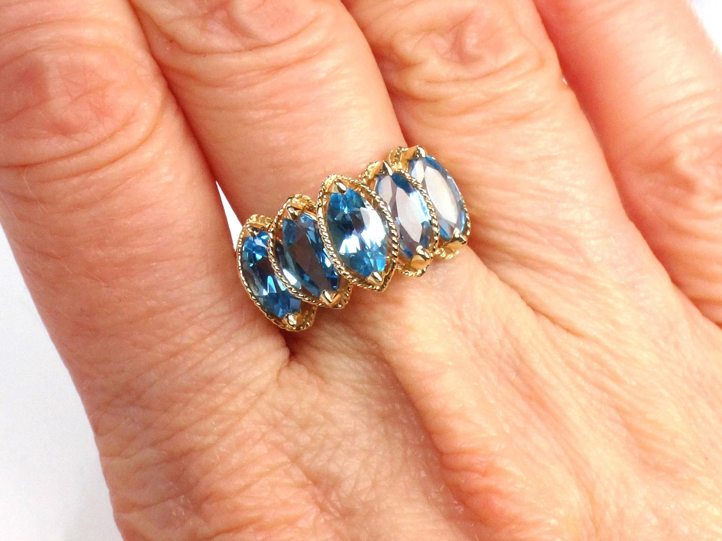 Vintage 14k Yellow Gold Marquise Blue Topaz Ring, Size 7.5-BelmarJewelers