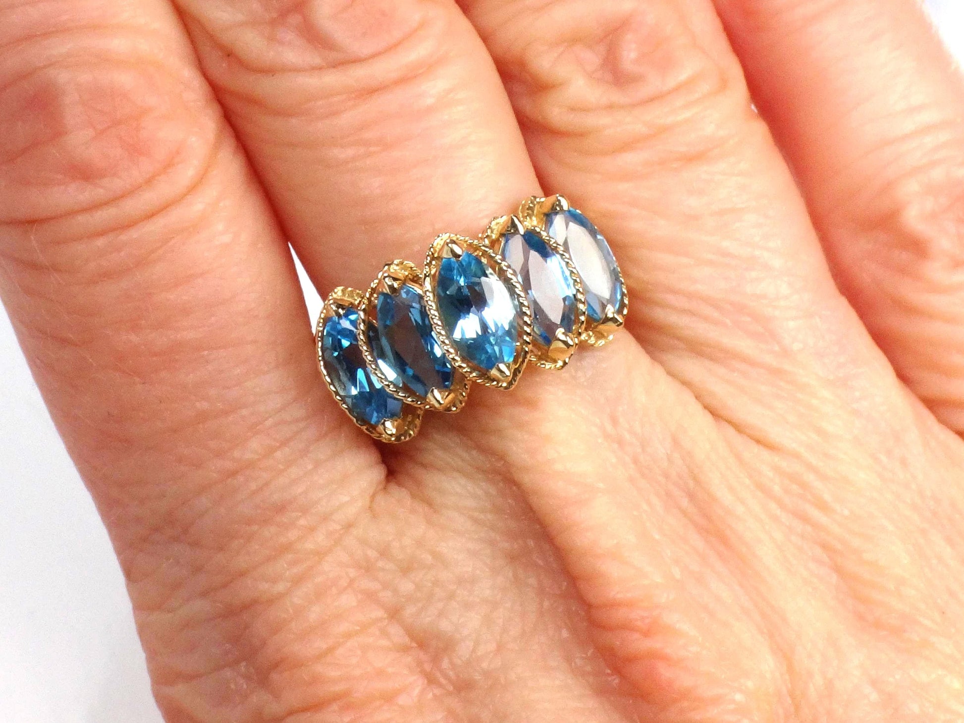 Vintage 14k Yellow Gold Marquise Blue Topaz Ring, Size 7.5-BelmarJewelers