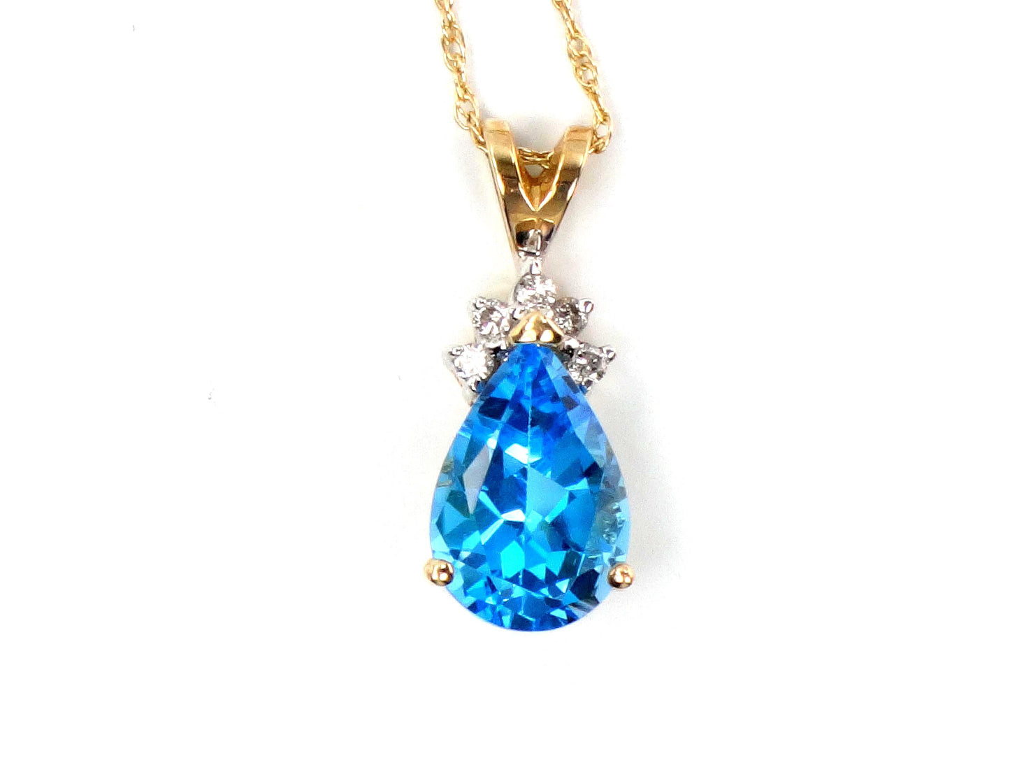 Vintage 14k Pear Cut Blue Topaz and Diamond Pendant Necklace, 16"-BelmarJewelers