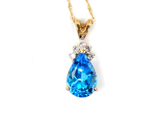 Vintage 14k Pear Cut Blue Topaz and Diamond Pendant Necklace, 16"-BelmarJewelers