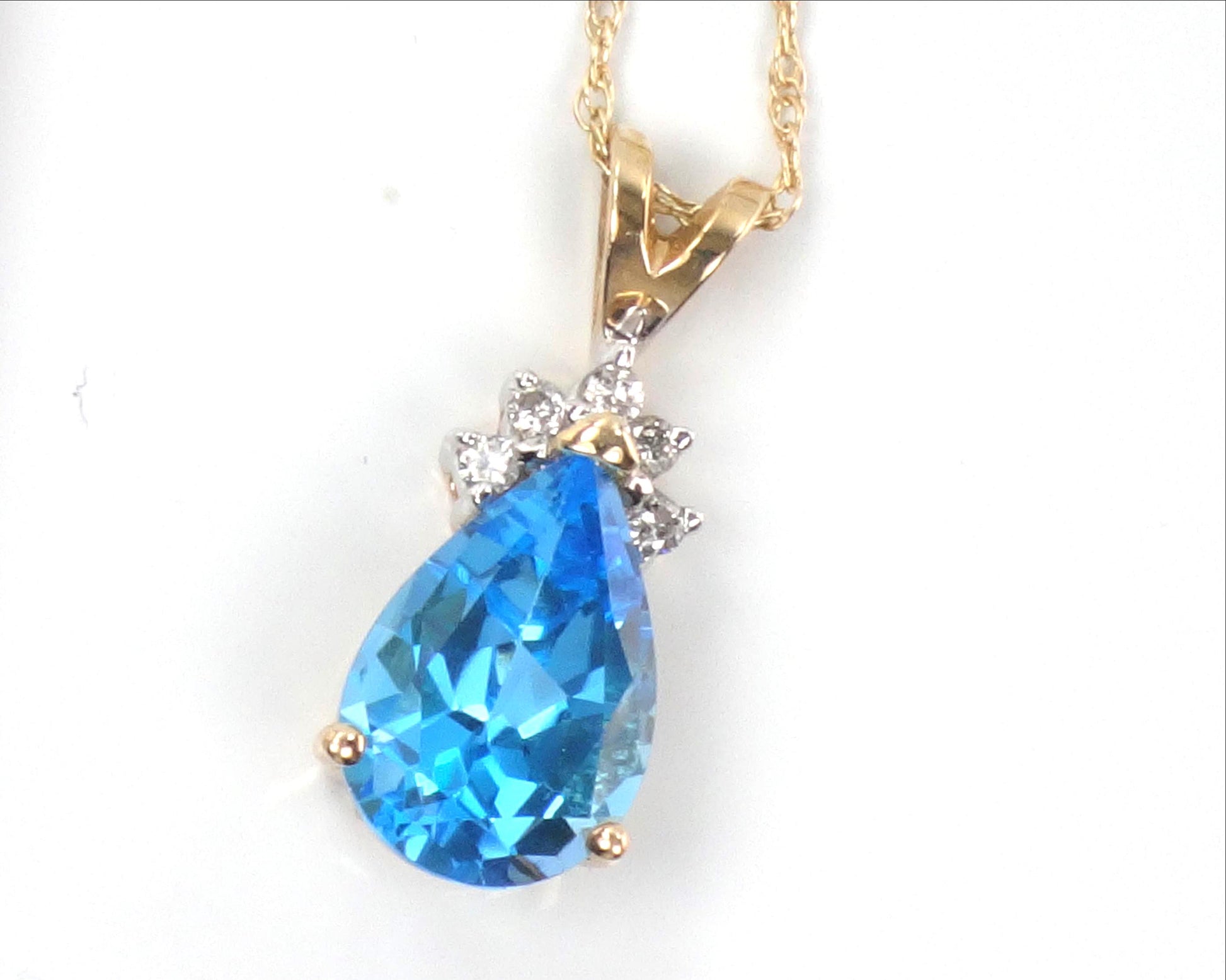 Vintage 14k Pear Cut Blue Topaz and Diamond Pendant Necklace, 16"-BelmarJewelers