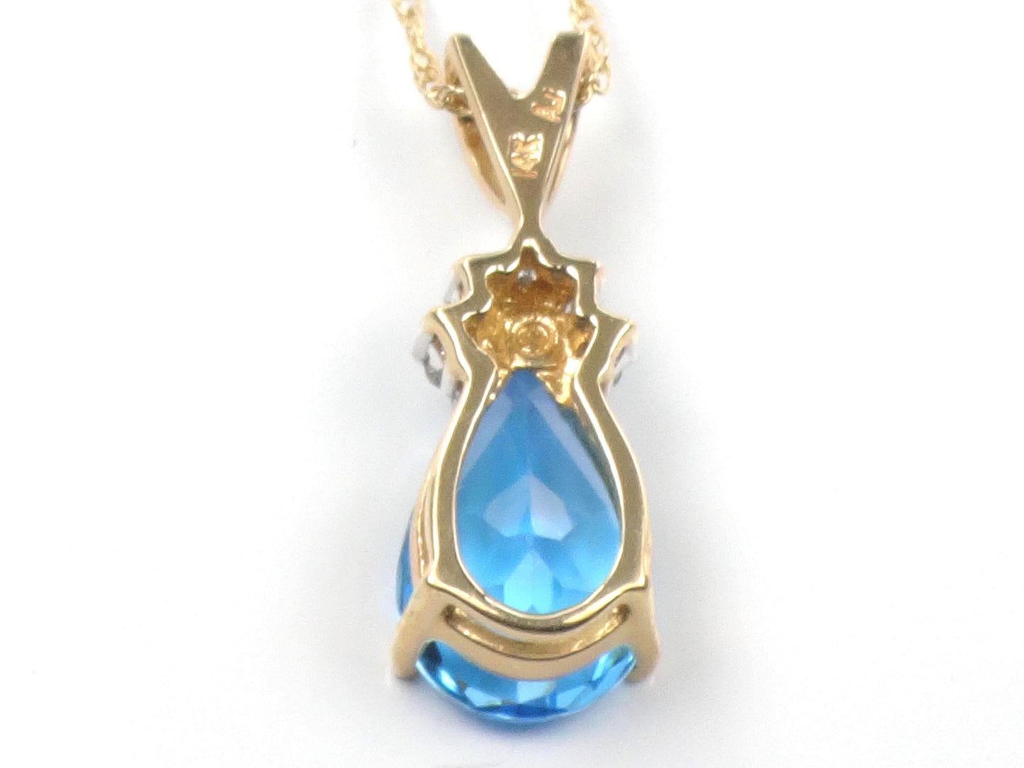 Vintage 14k Pear Cut Blue Topaz and Diamond Pendant Necklace, 16"-BelmarJewelers