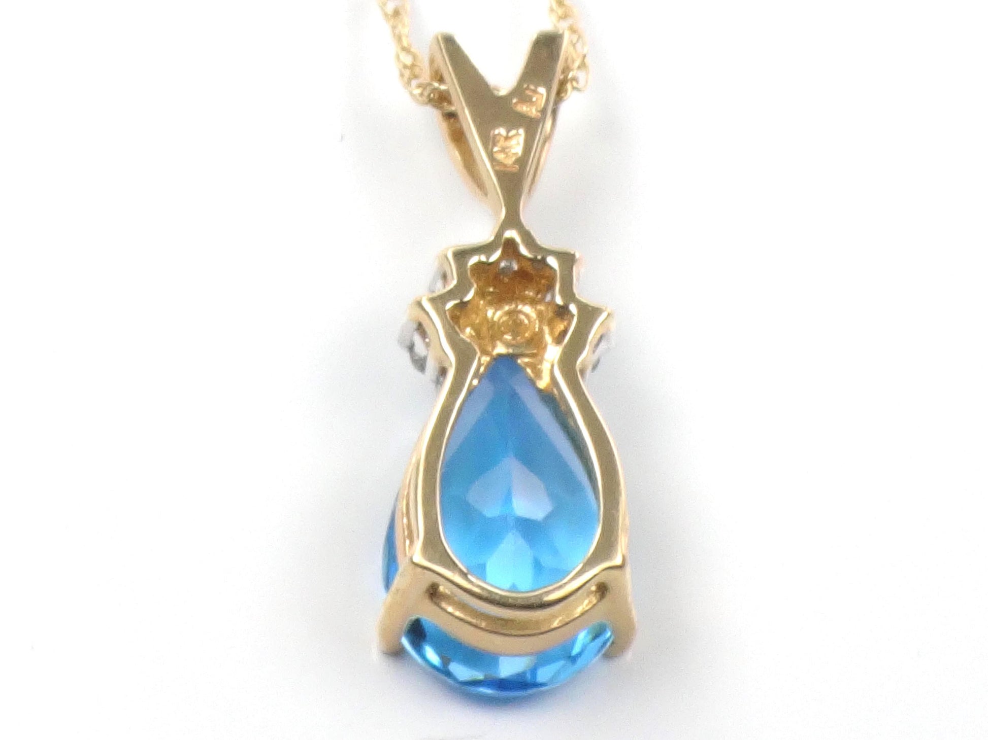 Vintage 14k Pear Cut Blue Topaz and Diamond Pendant Necklace, 16"-BelmarJewelers