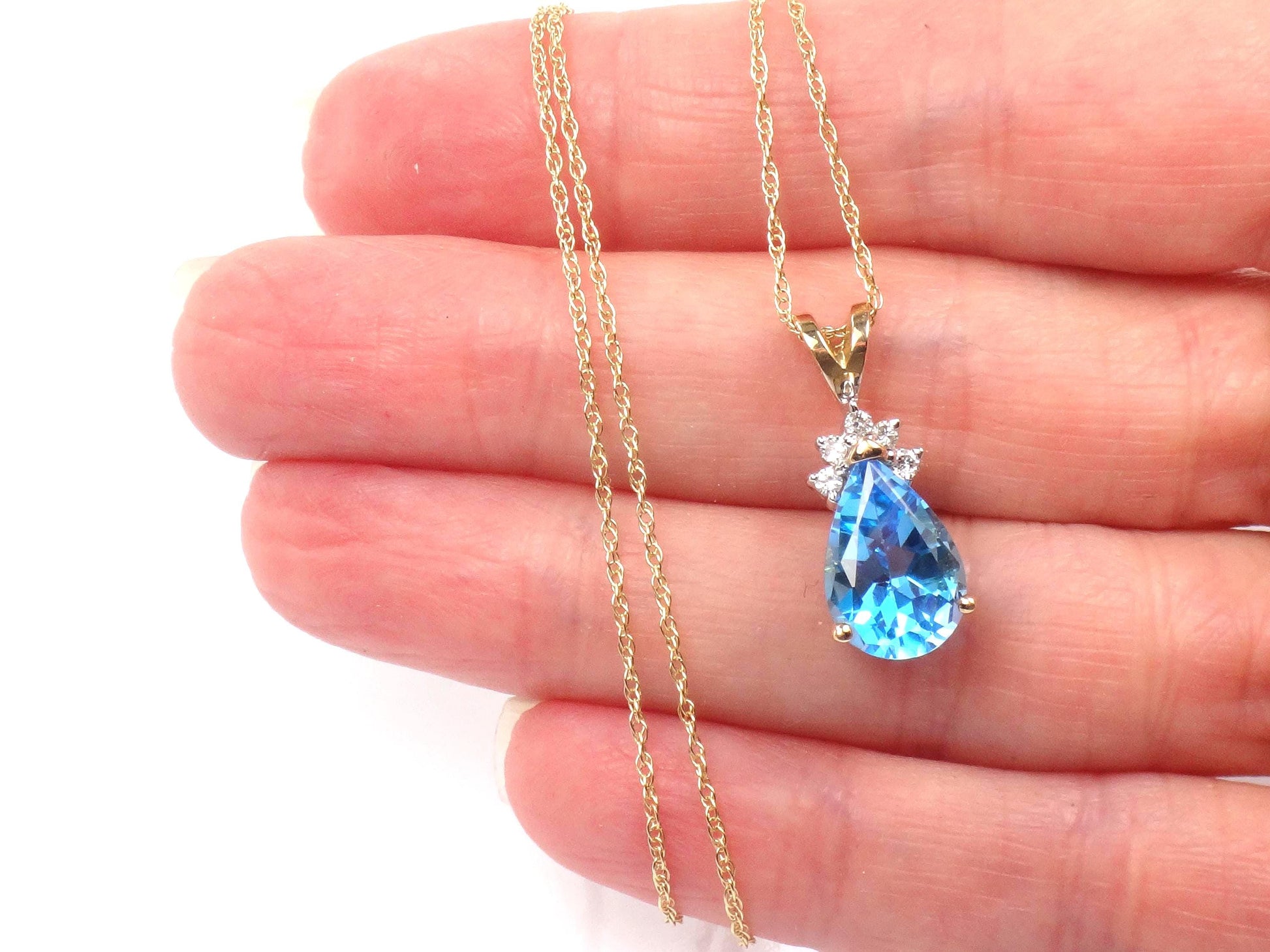 Vintage 14k Pear Cut Blue Topaz and Diamond Pendant Necklace, 16"-BelmarJewelers