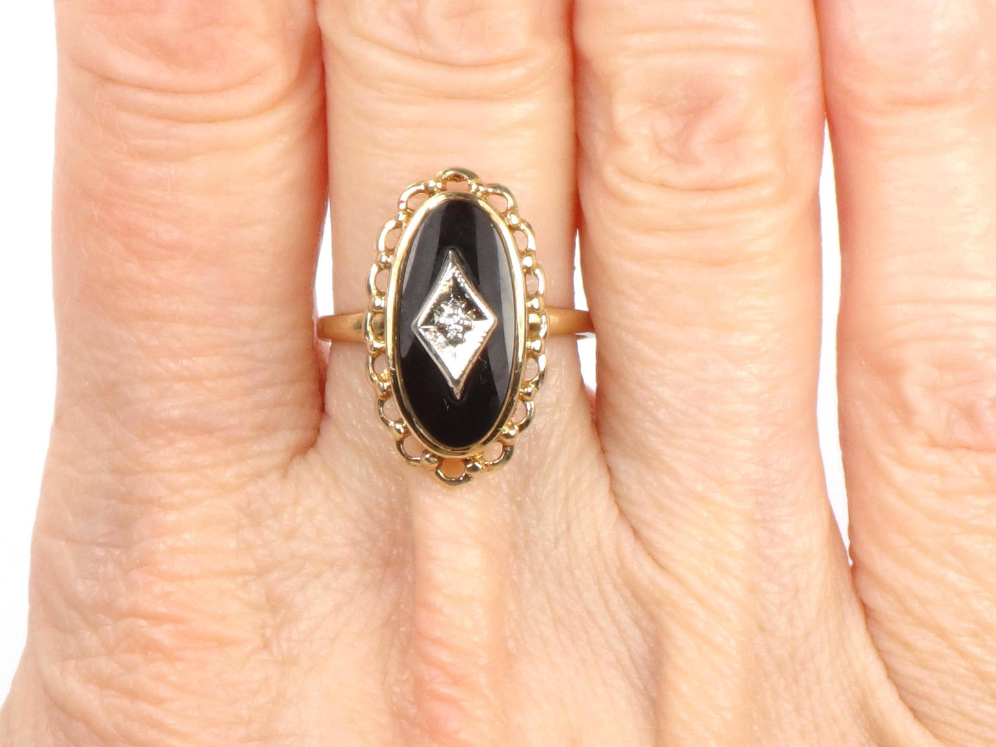 Vintage 10k Two Tone Gold Black Onyx Diamond Ring, Retro Style, Size 6-BelmarJewelers