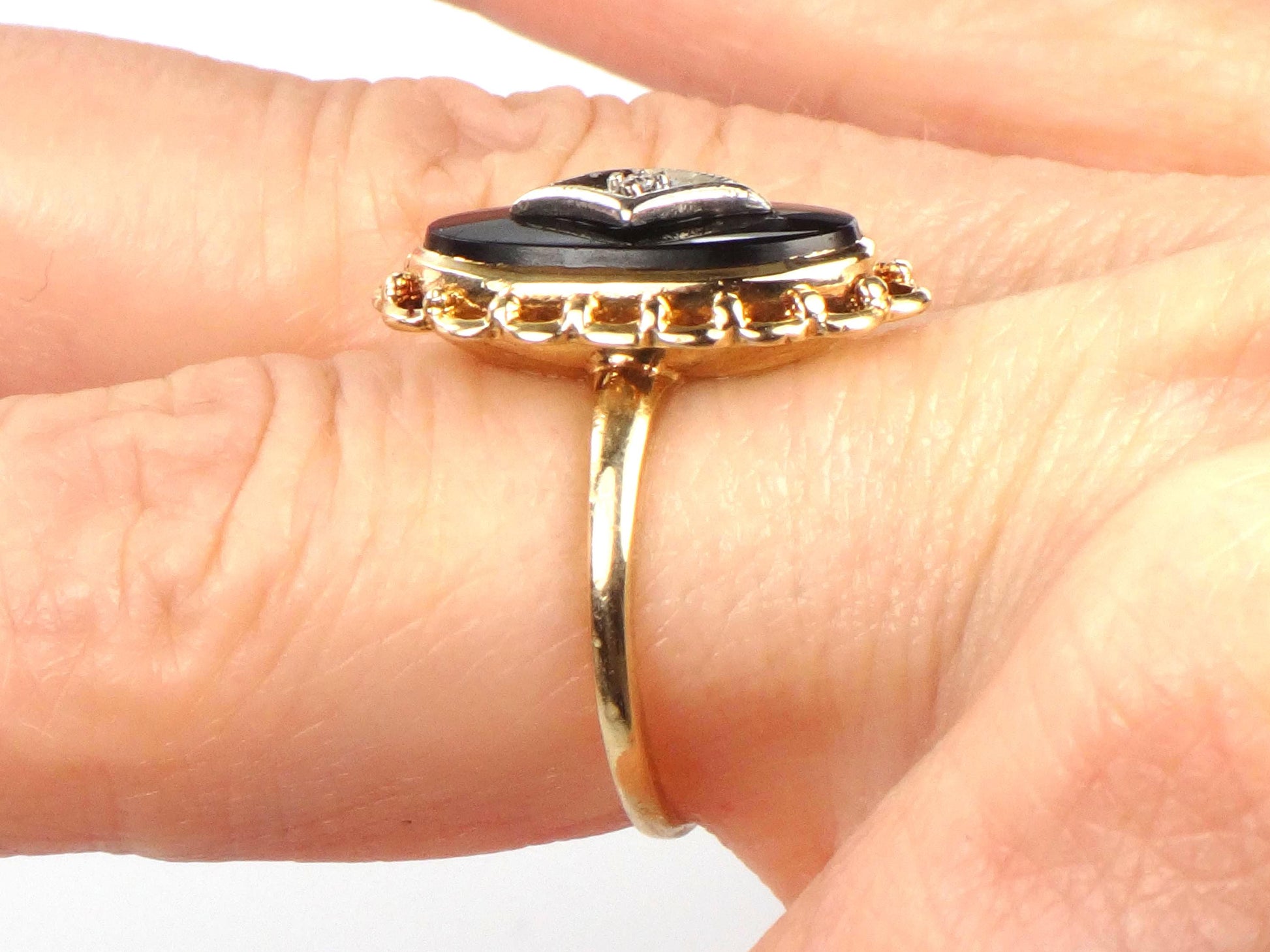 Vintage 10k Two Tone Gold Black Onyx Diamond Ring, Retro Style, Size 6-BelmarJewelers
