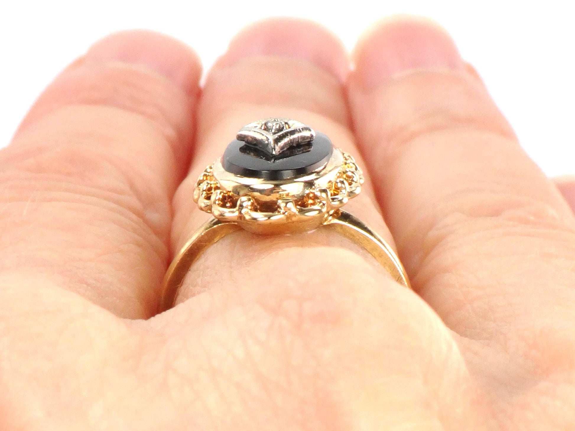 Vintage 10k Two Tone Gold Black Onyx Diamond Ring, Retro Style, Size 6-BelmarJewelers