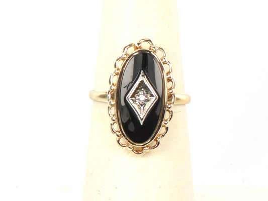Vintage 10k Two Tone Gold Black Onyx Diamond Ring, Retro Style, Size 6-BelmarJewelers