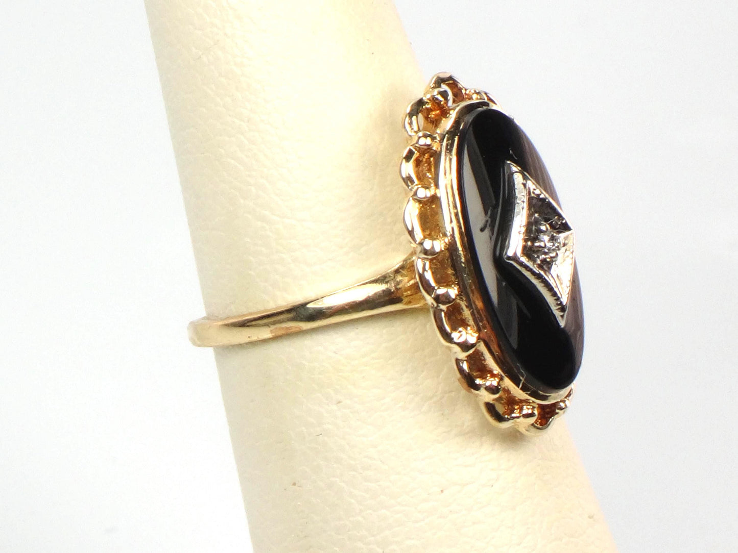 Vintage 10k Two Tone Gold Black Onyx Diamond Ring, Retro Style, Size 6-BelmarJewelers