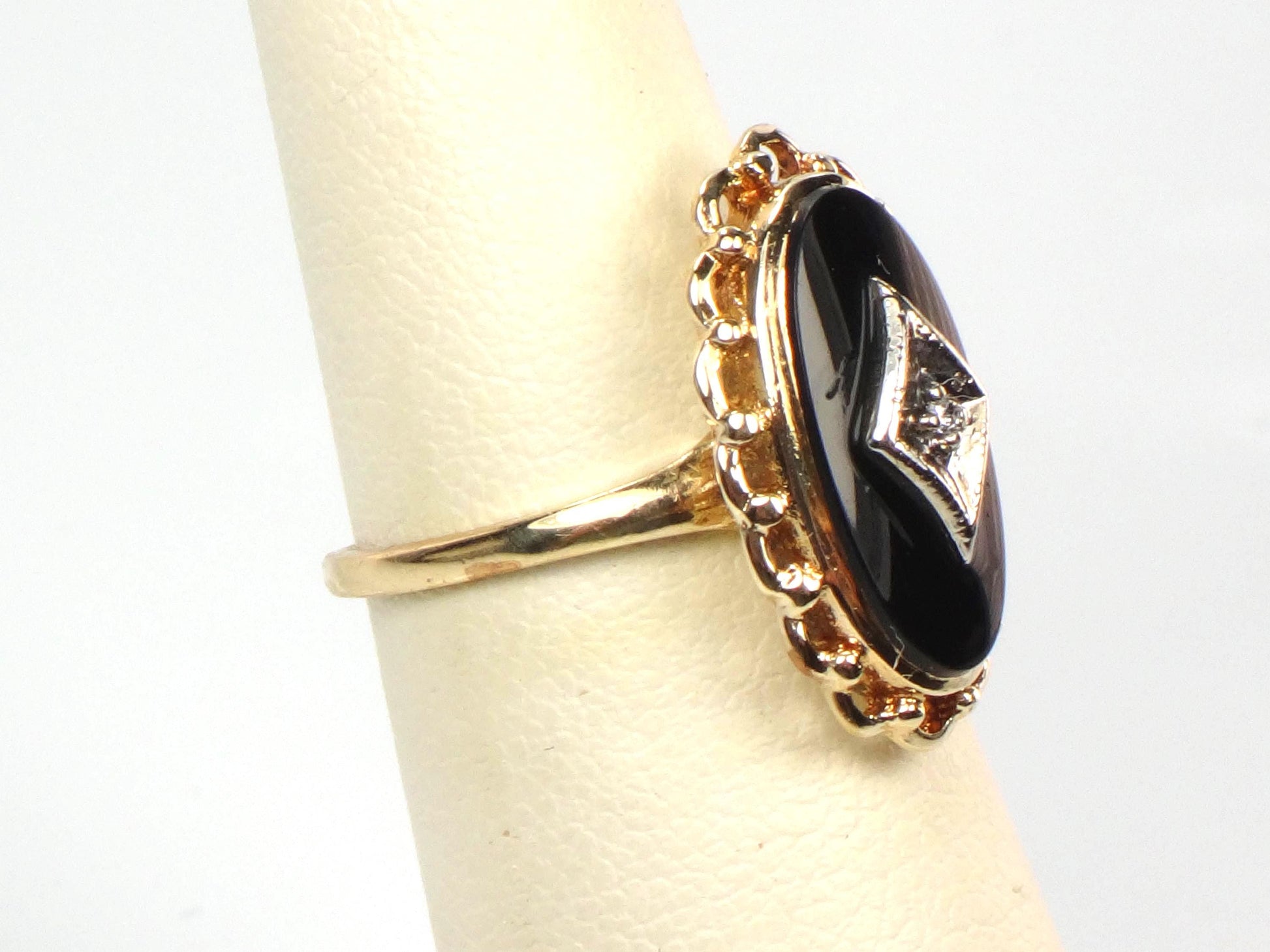 Vintage 10k Two Tone Gold Black Onyx Diamond Ring, Retro Style, Size 6-BelmarJewelers