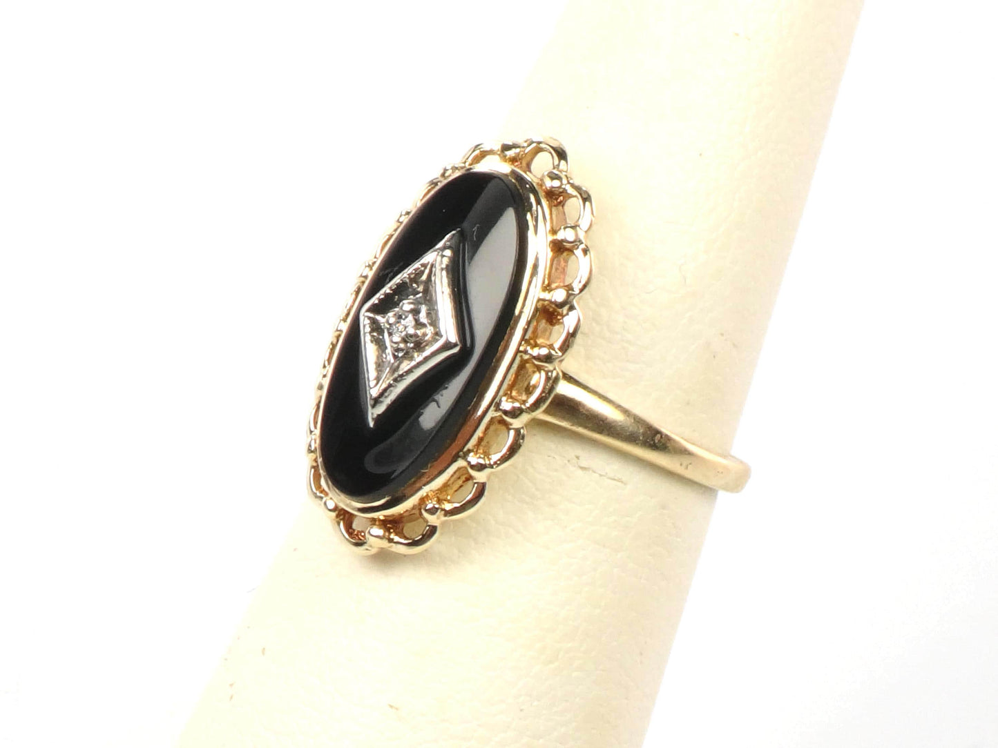 Vintage 10k Two Tone Gold Black Onyx Diamond Ring, Retro Style, Size 6-BelmarJewelers