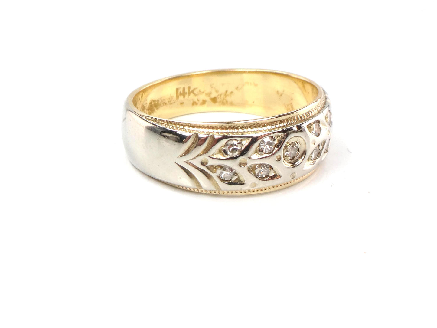 Vintage 14k Two Tone Gold Diamond Wedding Band, Size 8-BelmarJewelers