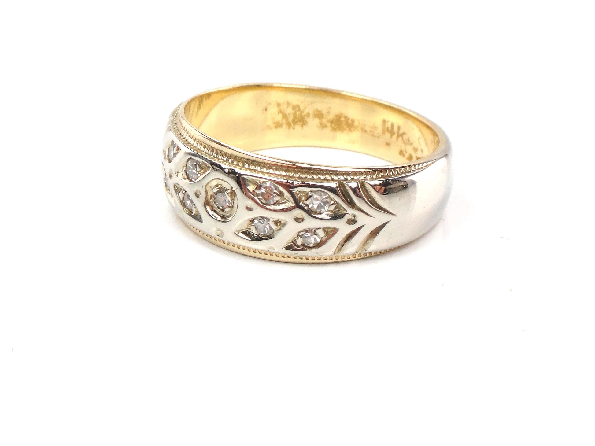 Vintage 14k Two Tone Gold Diamond Wedding Band, Size 8-BelmarJewelers