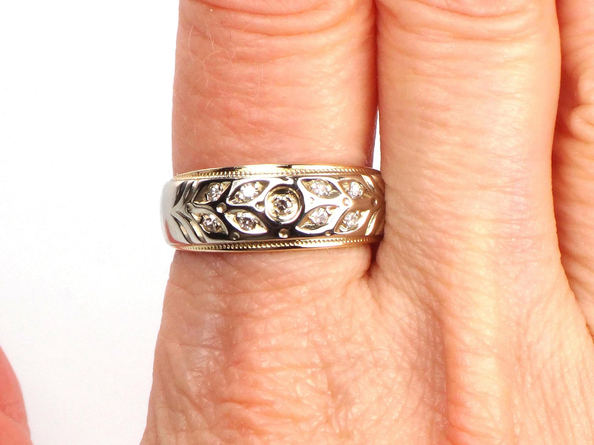 Vintage 14k Two Tone Gold Diamond Wedding Band, Size 8-BelmarJewelers