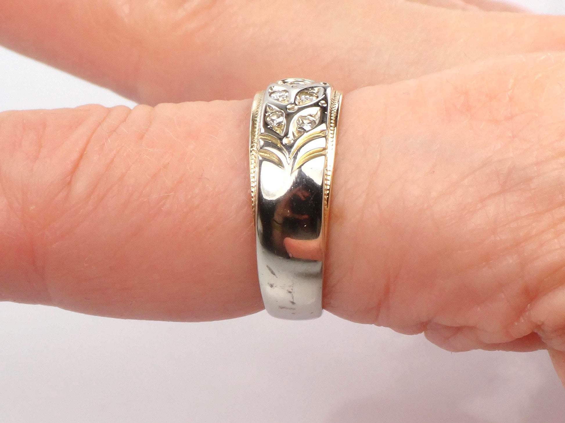 Vintage 14k Two Tone Gold Diamond Wedding Band, Size 8-BelmarJewelers