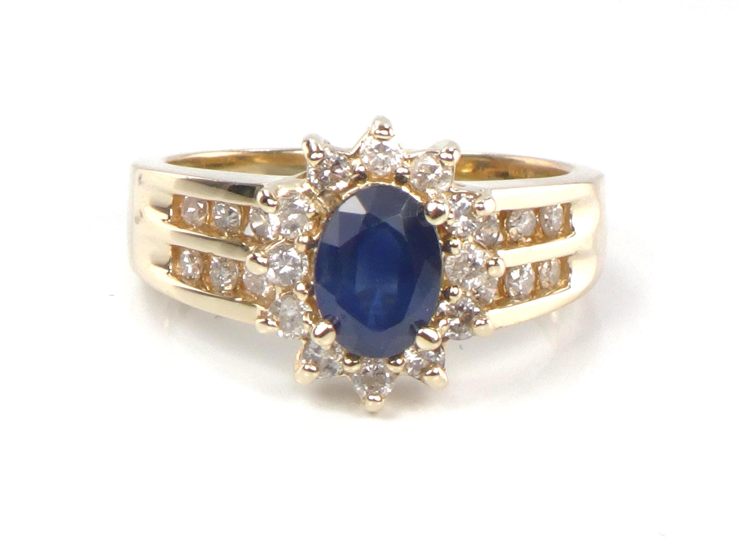 Vintage 14k Yellow Gold Oval Blue Sapphire Diamond Halo Ring, Size 7-BelmarJewelers