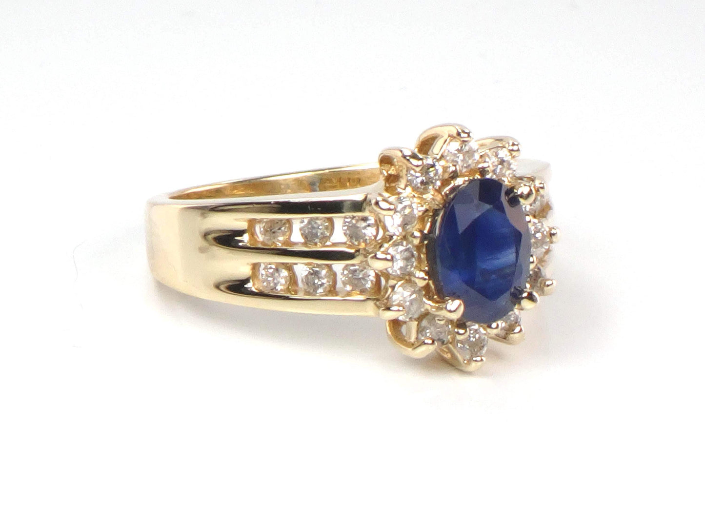 Vintage 14k Yellow Gold Oval Blue Sapphire Diamond Halo Ring, Size 7-BelmarJewelers