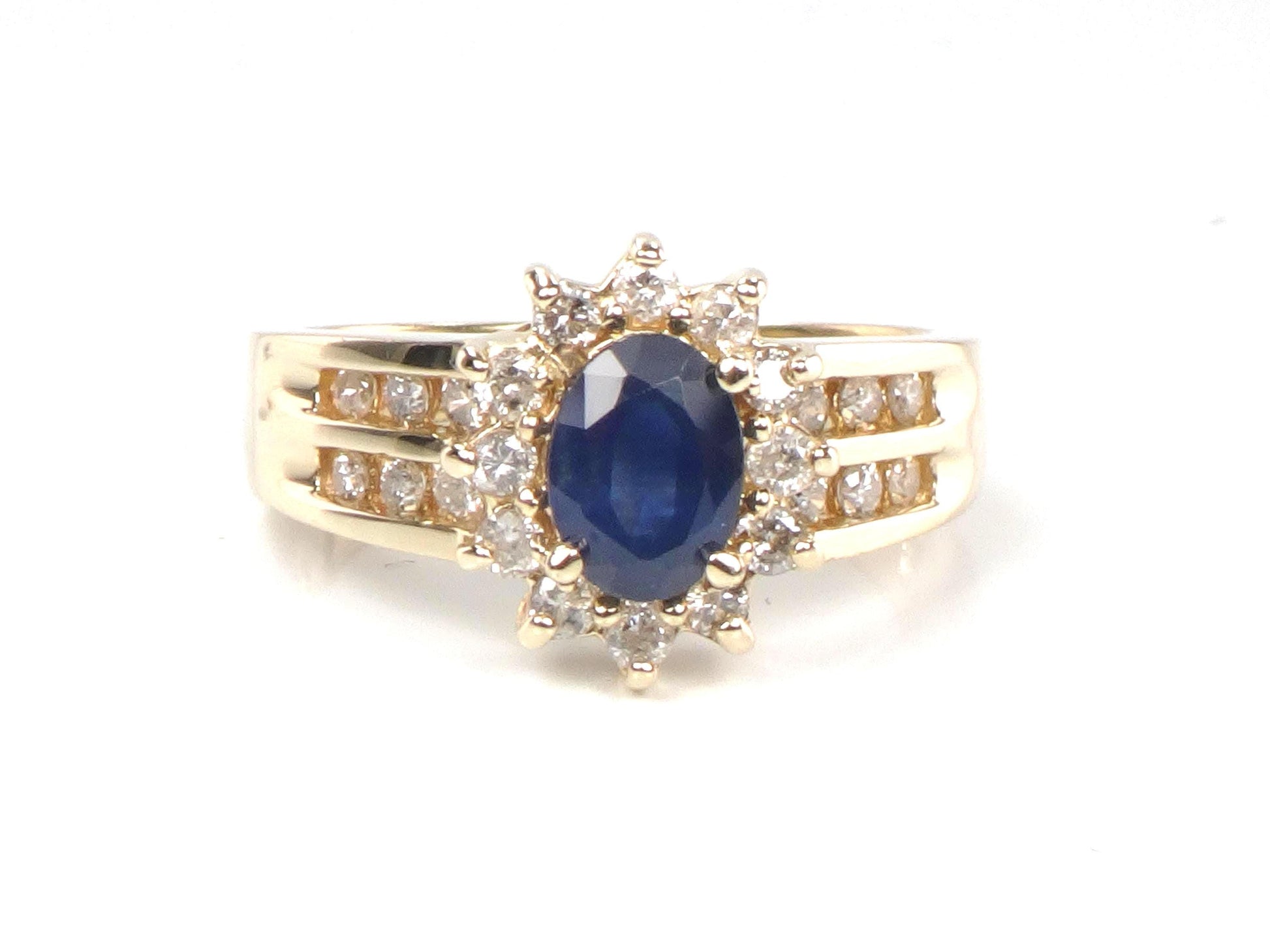 Vintage 14k Yellow Gold Oval Blue Sapphire Diamond Halo Ring, Size 7-BelmarJewelers