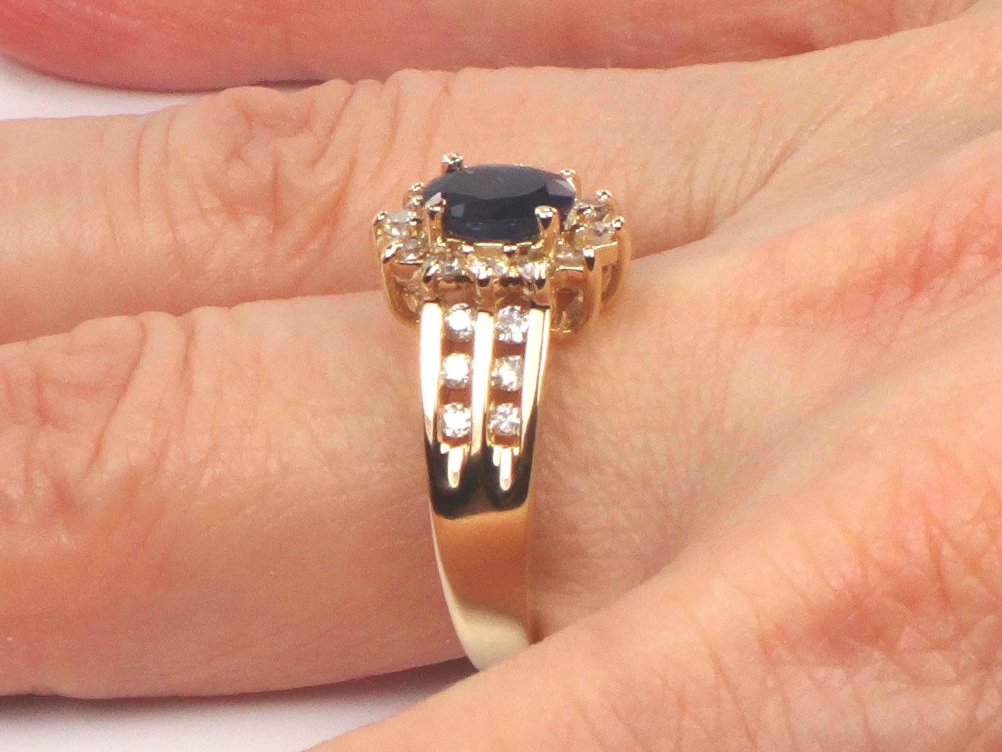 Vintage 14k Yellow Gold Oval Blue Sapphire Diamond Halo Ring, Size 7-BelmarJewelers