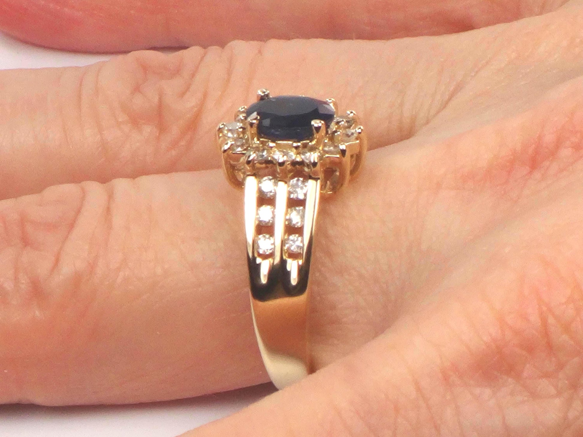 Vintage 14k Yellow Gold Oval Blue Sapphire Diamond Halo Ring, Size 7-BelmarJewelers