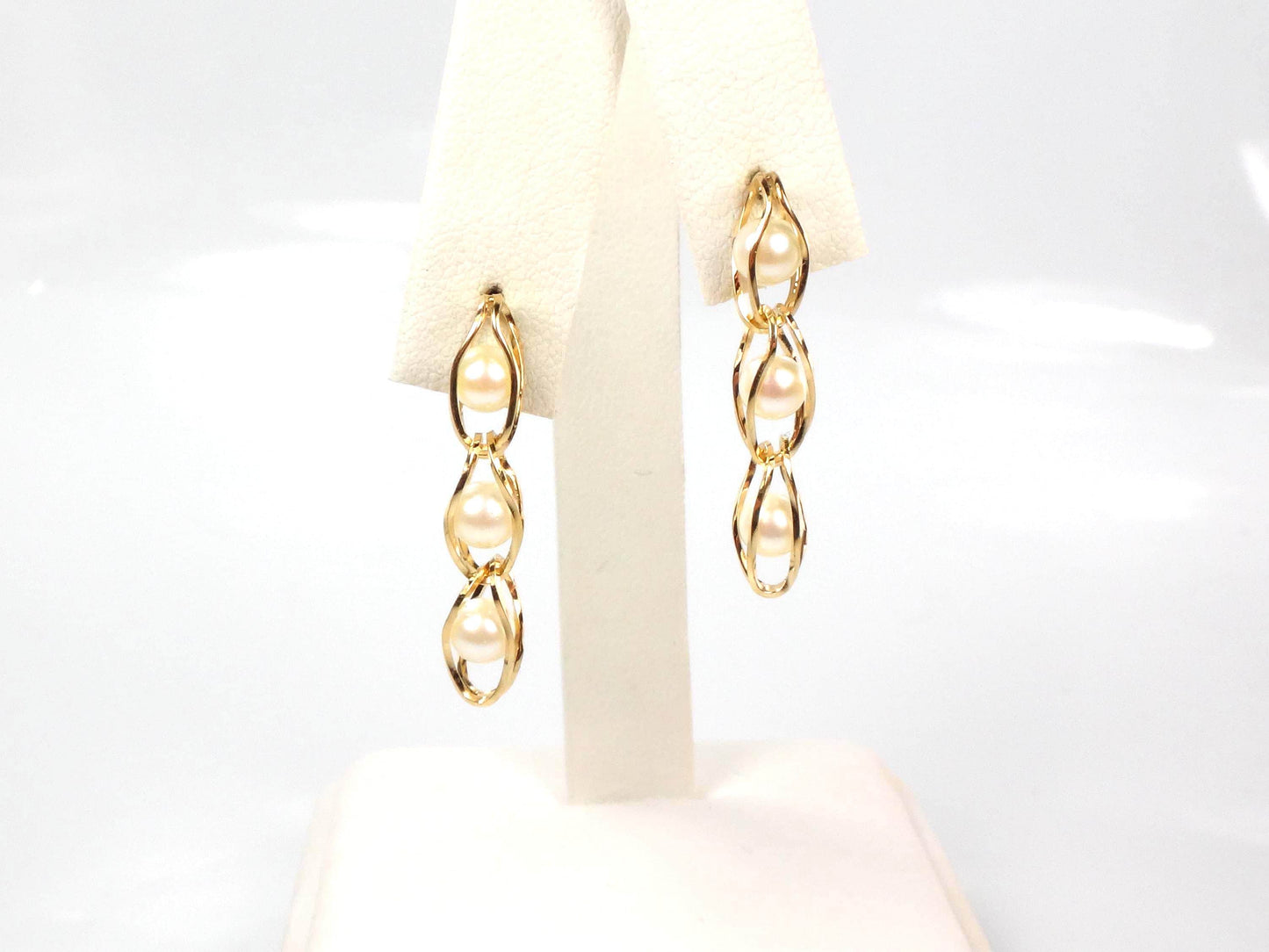 Vintage 14k Yellow Gold Caged Pearl Dangle Earrings-BelmarJewelers