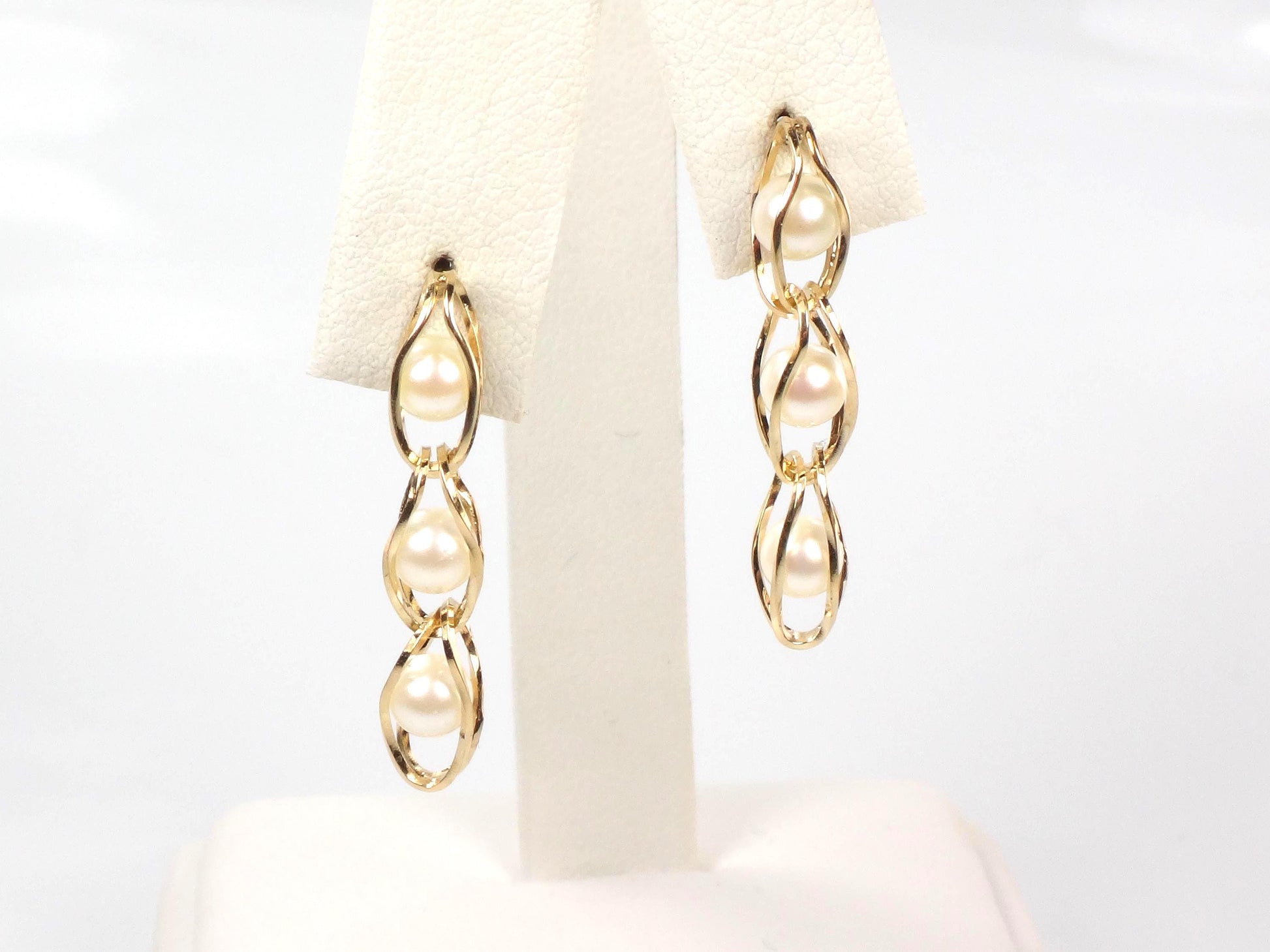 Vintage 14k Yellow Gold Caged Pearl Dangle Earrings-BelmarJewelers
