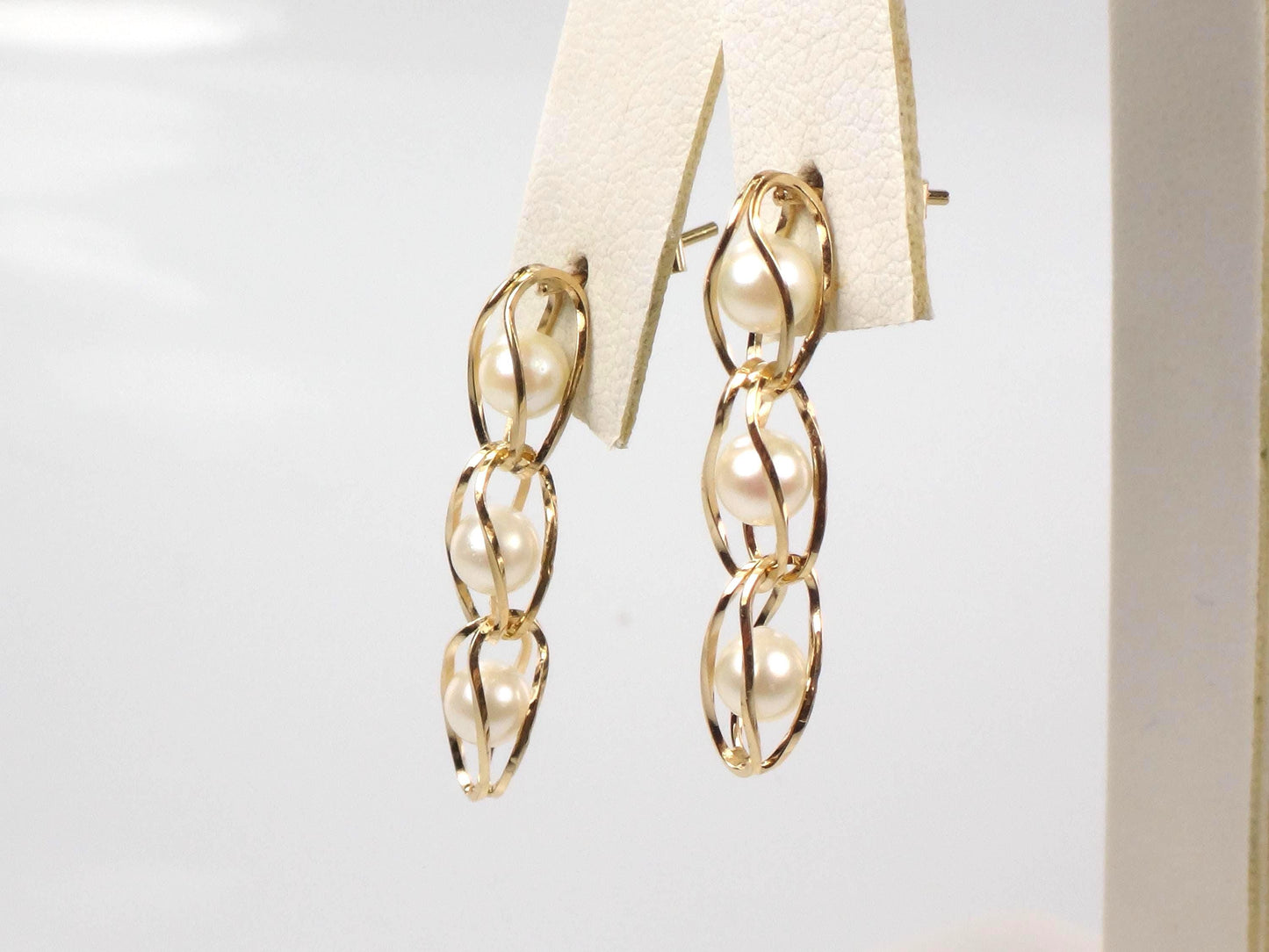 Vintage 14k Yellow Gold Caged Pearl Dangle Earrings-BelmarJewelers