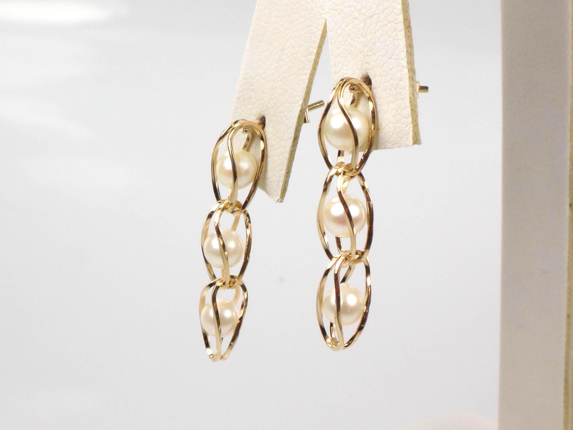 Vintage 14k Yellow Gold Caged Pearl Dangle Earrings-BelmarJewelers