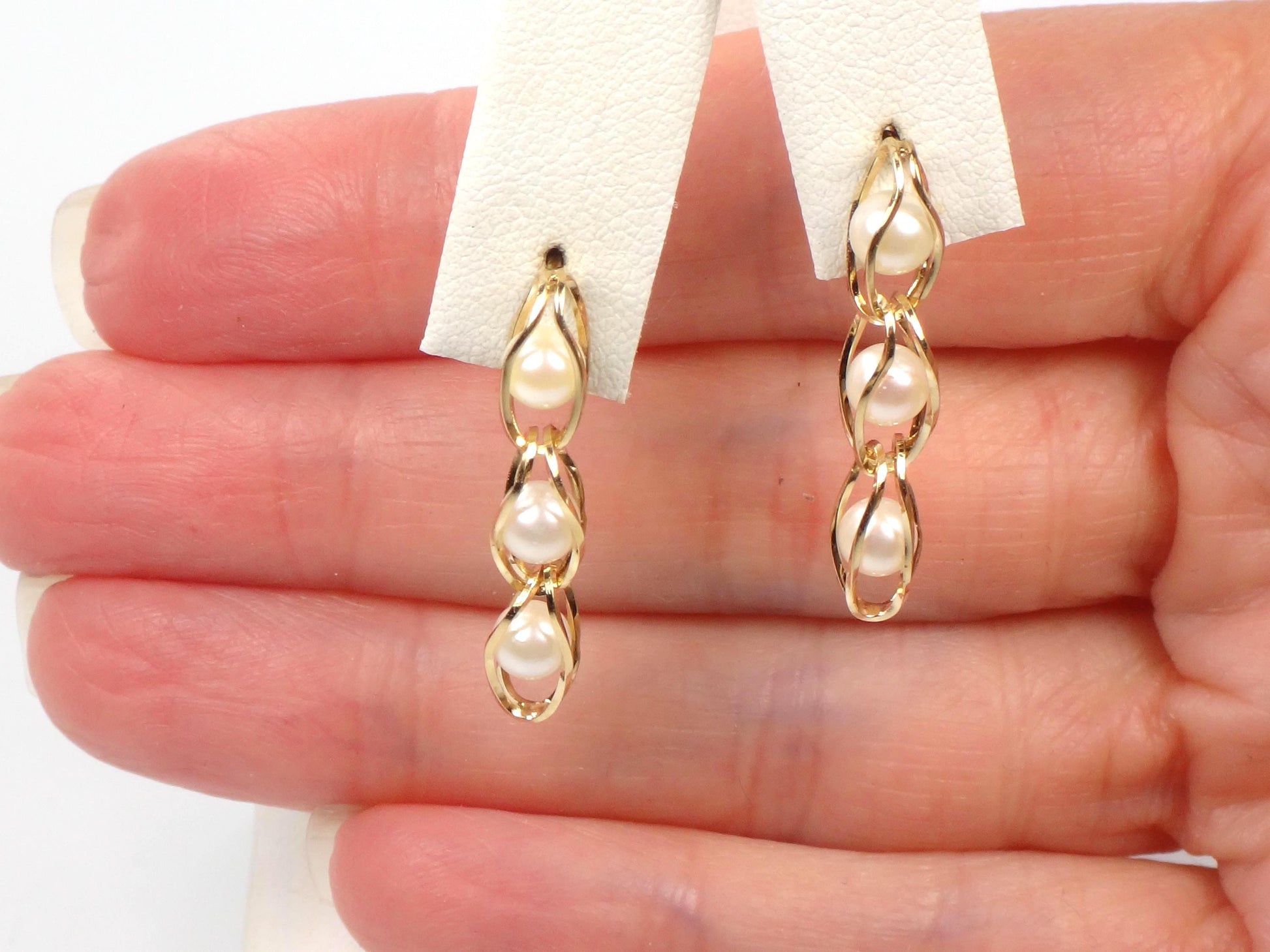 Vintage 14k Yellow Gold Caged Pearl Dangle Earrings-BelmarJewelers