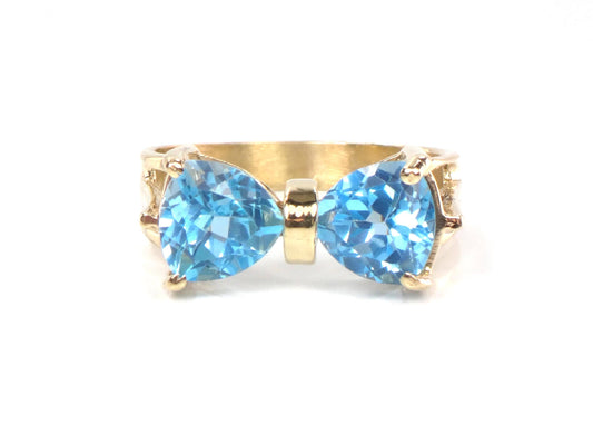 Vintage 14k Yellow Gold Blue Topaz Bow Tie Ring, Size 7.25-BelmarJewelers
