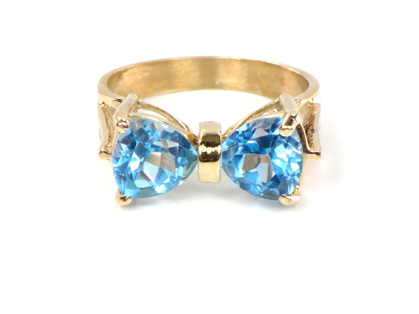Vintage 14k Yellow Gold Blue Topaz Bow Tie Ring, Size 7.25-BelmarJewelers