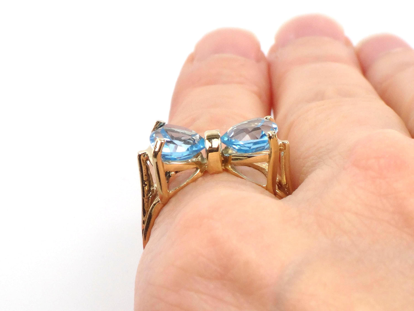 Vintage 14k Yellow Gold Blue Topaz Bow Tie Ring, Size 7.25-BelmarJewelers