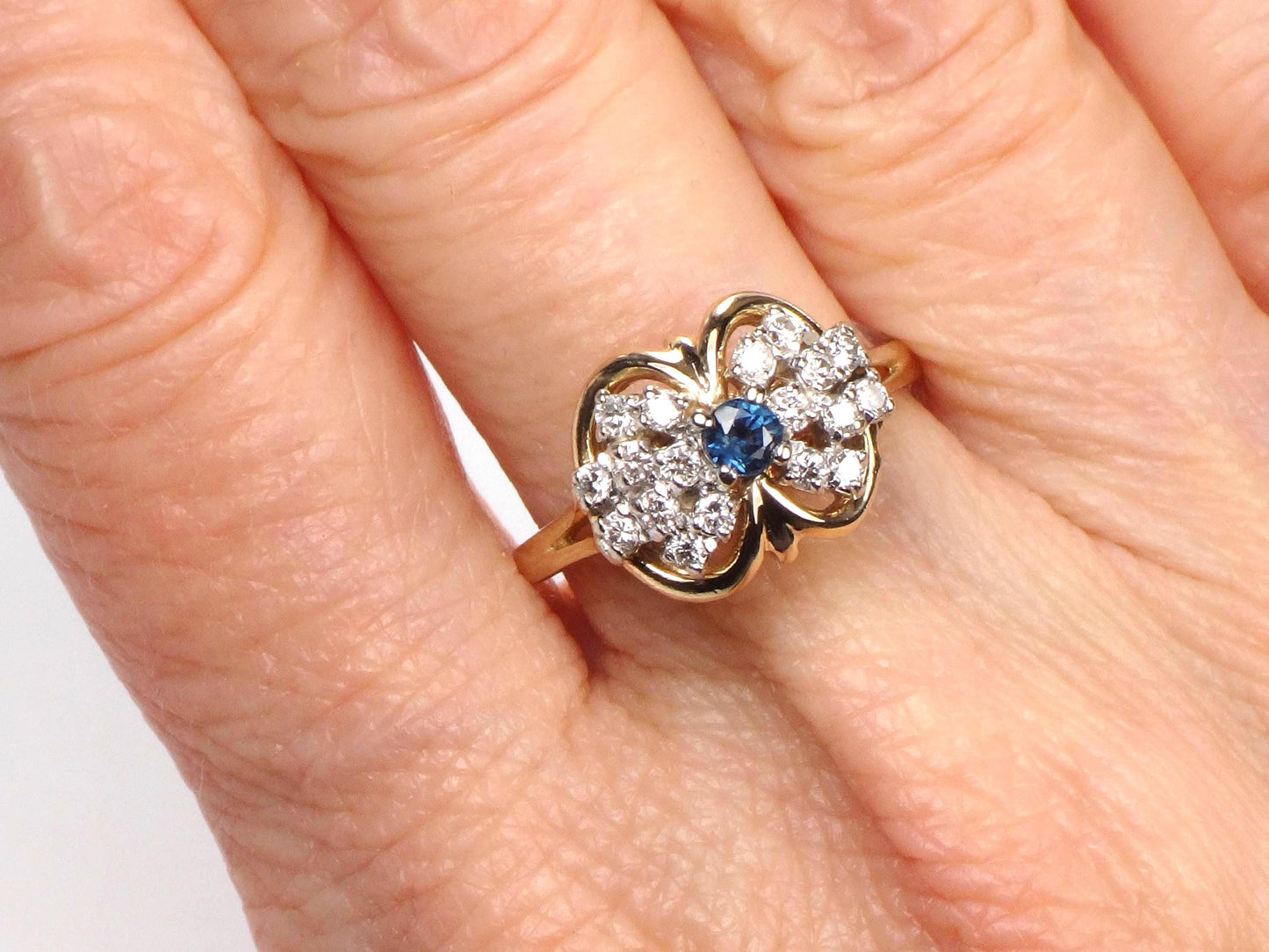 Vintage 14k Yellow Gold Blue Sapphire Diamond Cluster Ring - Size 6.5-BelmarJewelers