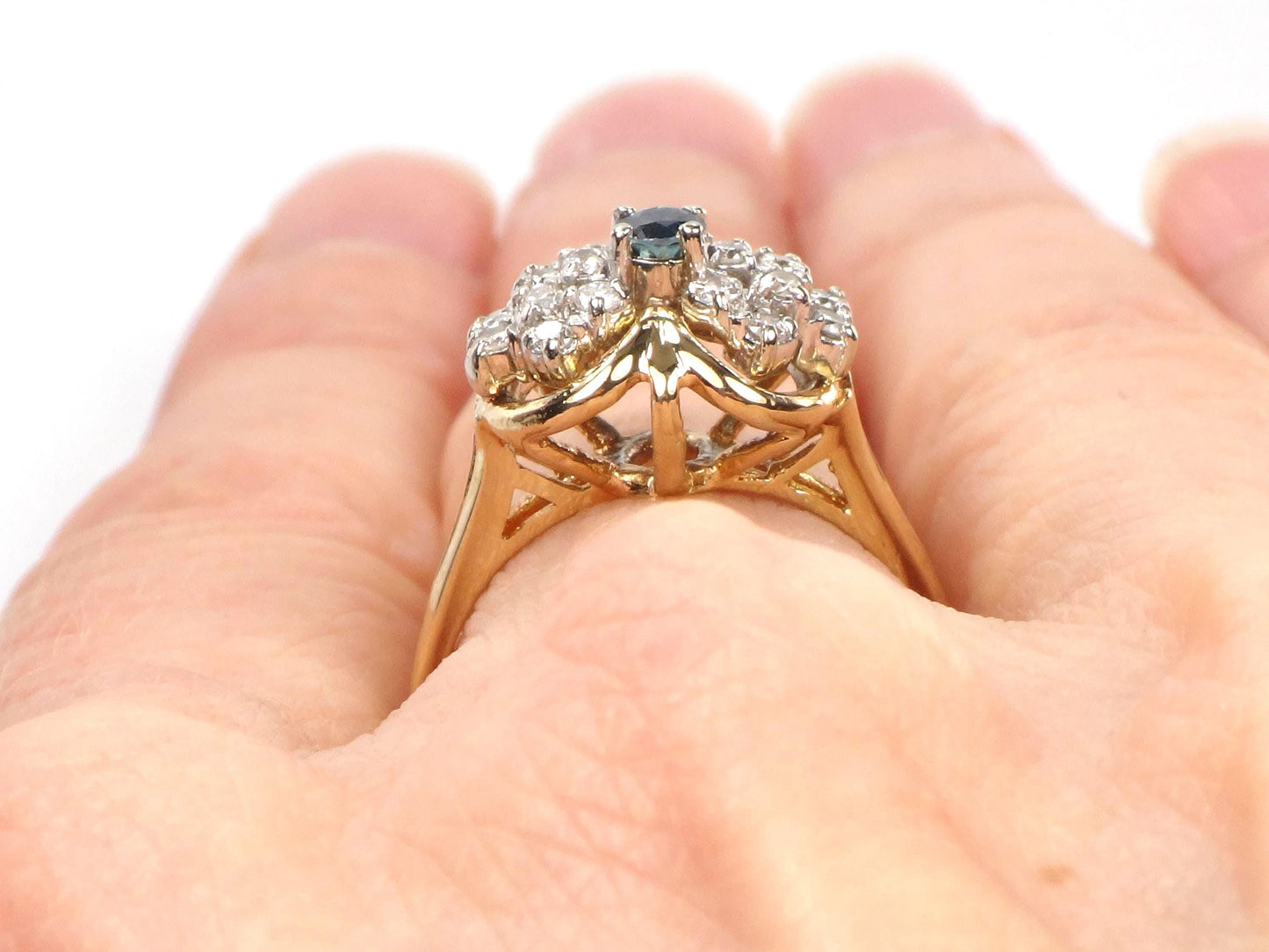 Vintage 14k Yellow Gold Blue Sapphire Diamond Cluster Ring - Size 6.5-BelmarJewelers