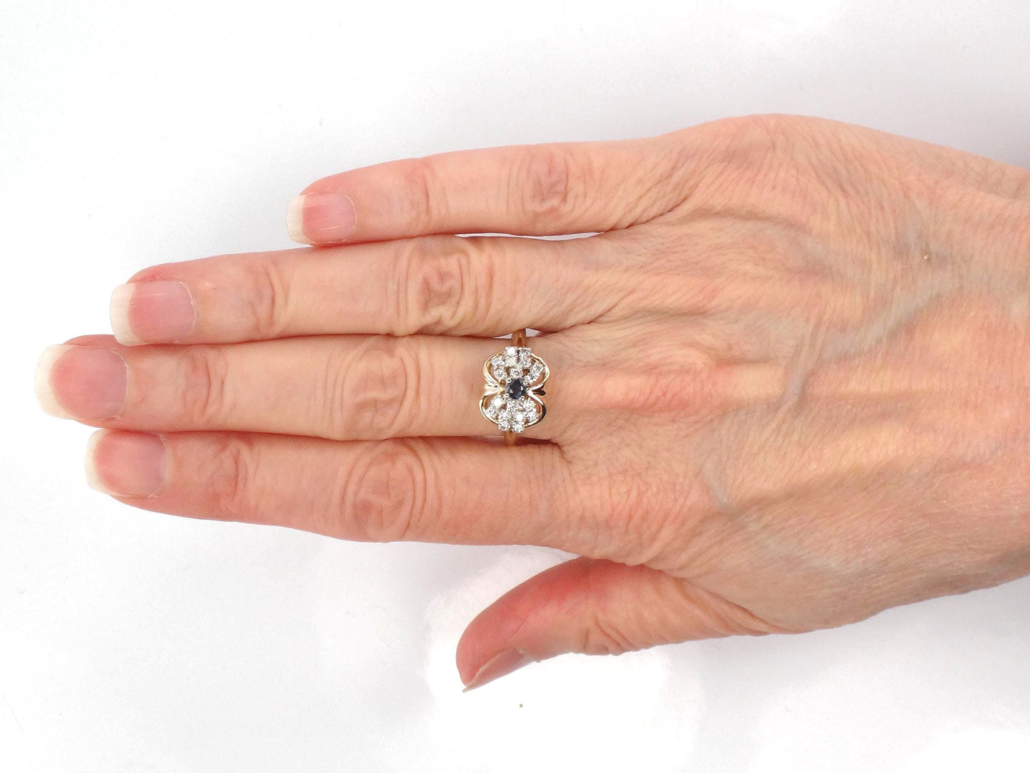 Vintage 14k Yellow Gold Blue Sapphire Diamond Cluster Ring - Size 6.5-BelmarJewelers