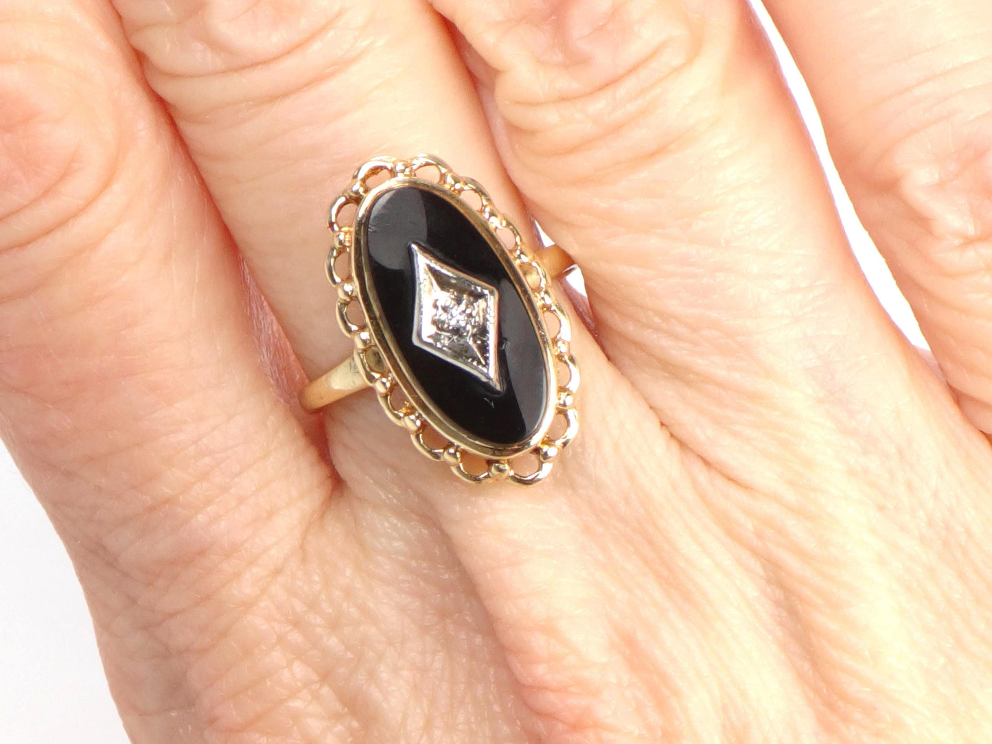 Vintage 10k Two Tone Gold Black Onyx Diamond Ring, Retro Style, Size 6-BelmarJewelers