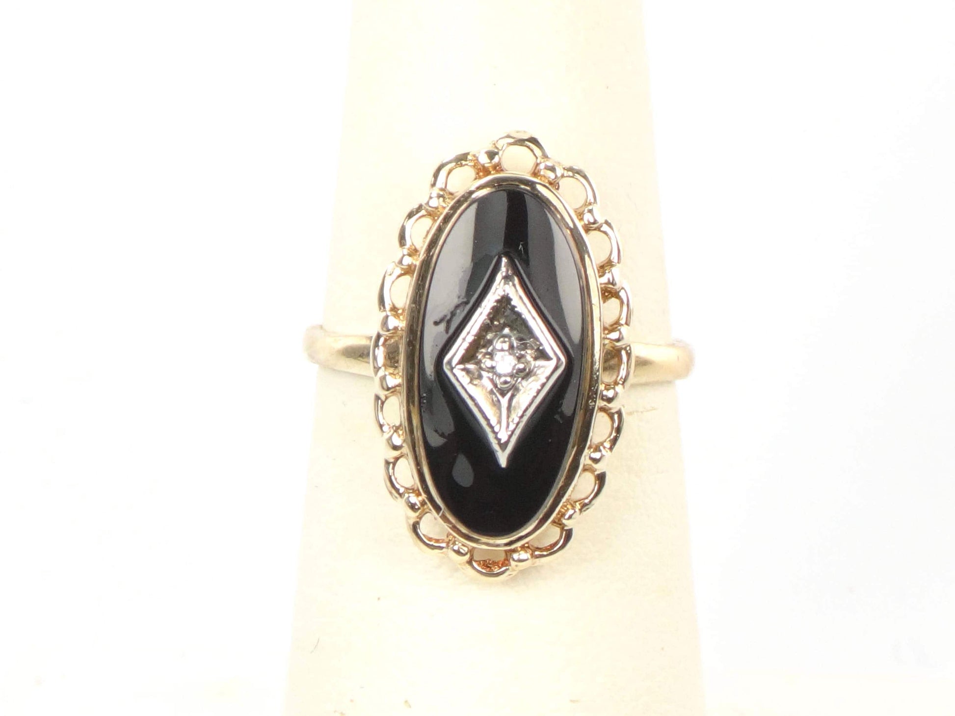 Vintage 10k Two Tone Gold Black Onyx Diamond Ring, Retro Style, Size 6-BelmarJewelers