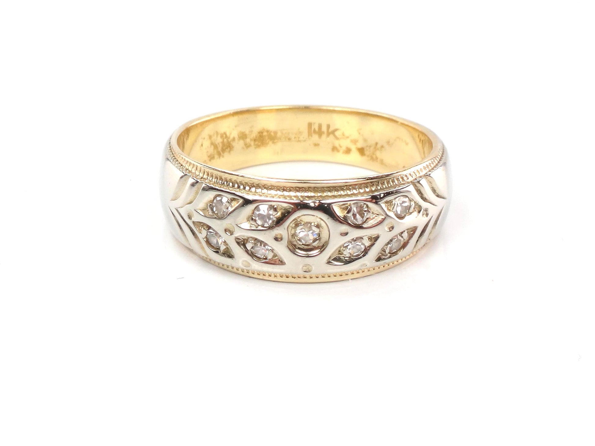 Vintage 14k Two Tone Gold Diamond Wedding Band, Size 8-BelmarJewelers