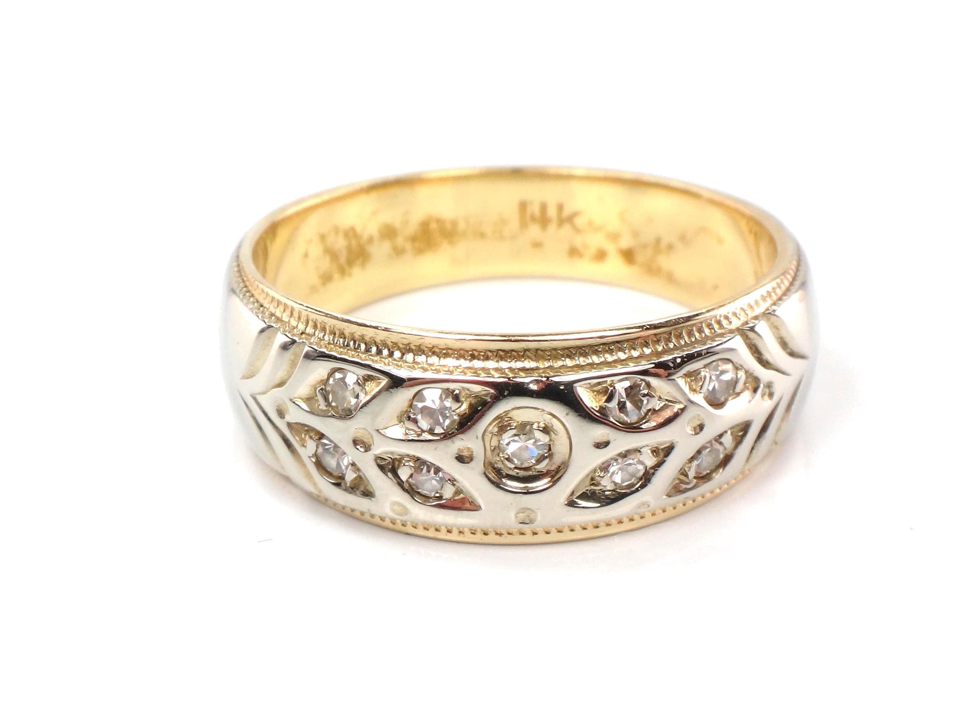 Vintage 14k Two Tone Gold Diamond Wedding Band, Size 8-BelmarJewelers