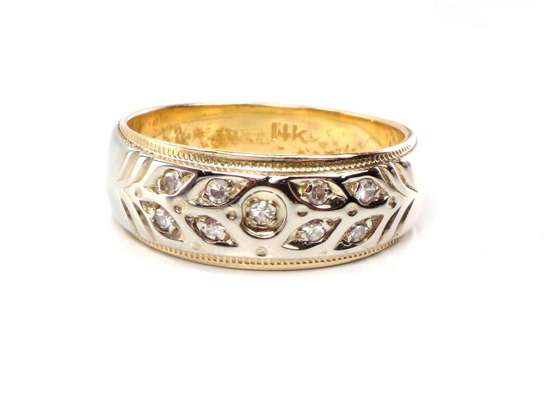 Vintage 14k Two Tone Gold Diamond Wedding Band, Size 8-BelmarJewelers