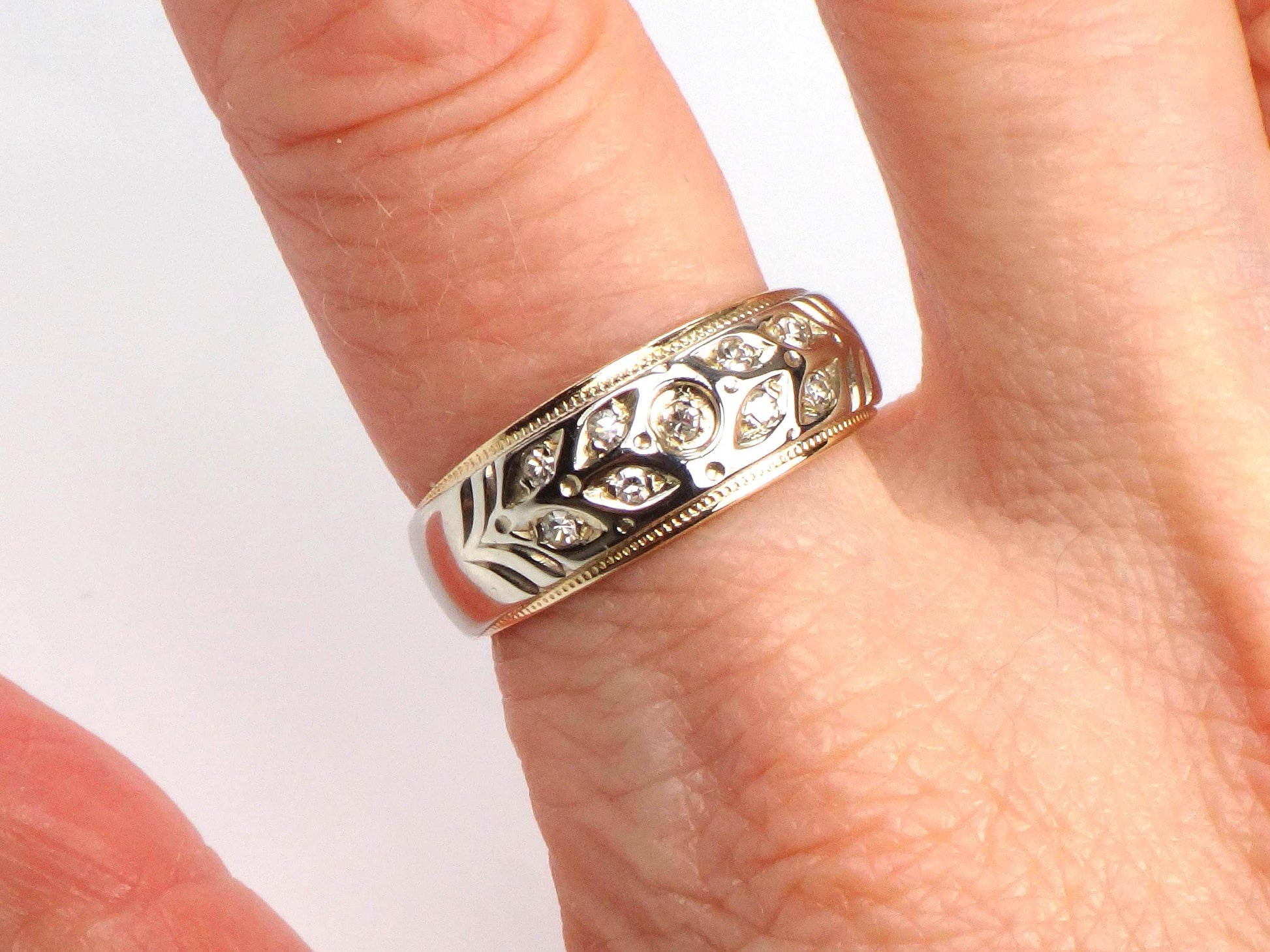 Vintage 14k Two Tone Gold Diamond Wedding Band, Size 8-BelmarJewelers