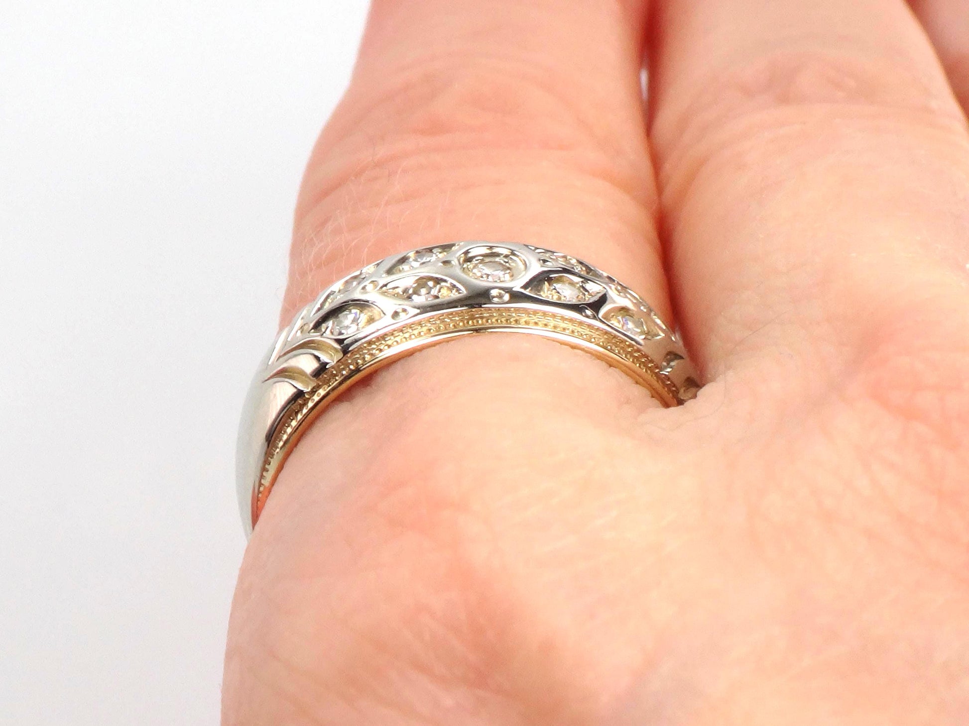 Vintage 14k Two Tone Gold Diamond Wedding Band, Size 8-BelmarJewelers