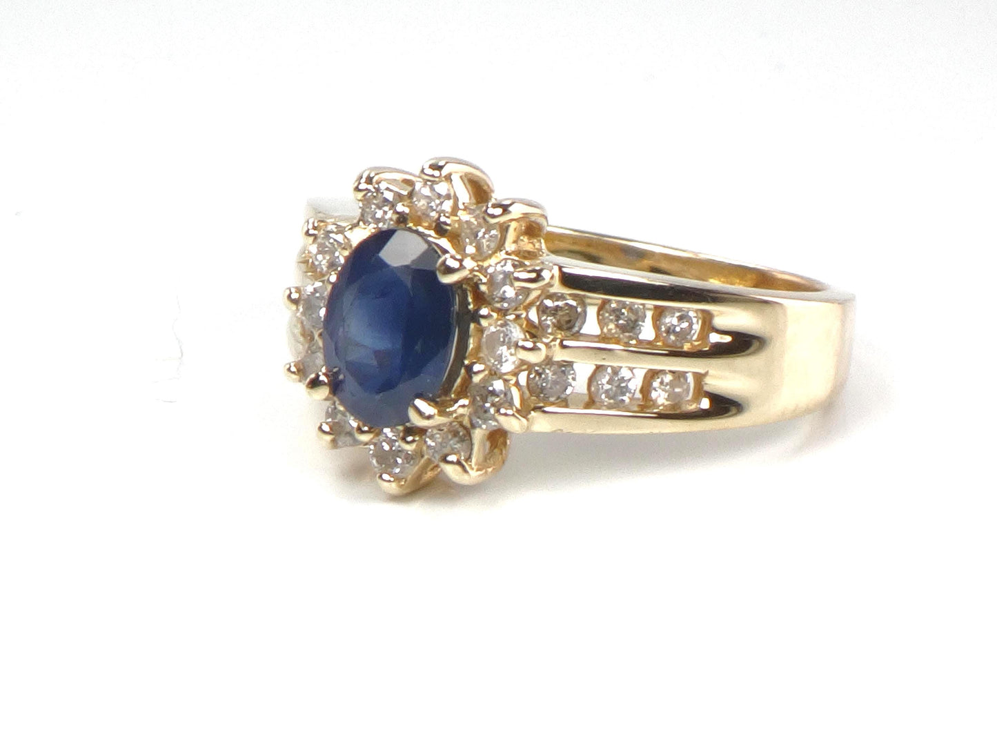 Vintage 14k Yellow Gold Oval Blue Sapphire Diamond Halo Ring, Size 7-BelmarJewelers