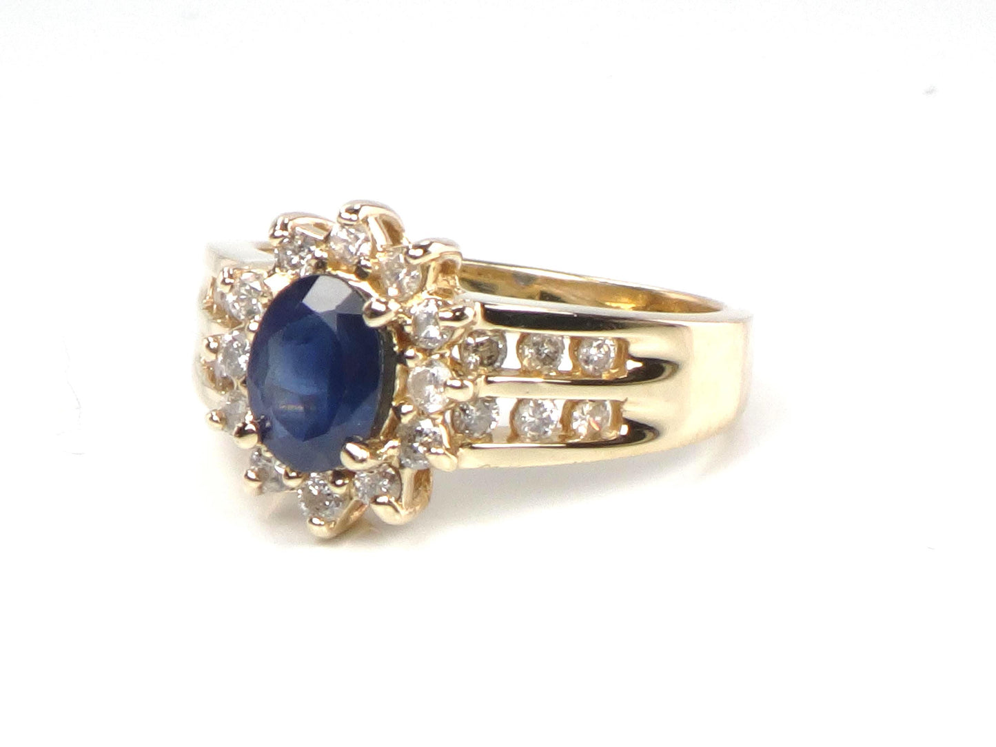 Vintage 14k Yellow Gold Oval Blue Sapphire Diamond Halo Ring, Size 7-BelmarJewelers