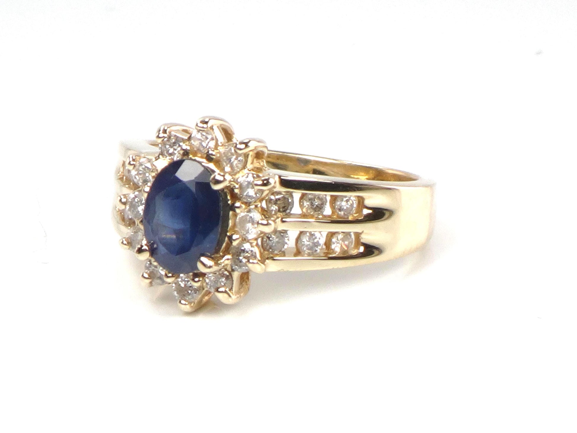 Vintage 14k Yellow Gold Oval Blue Sapphire Diamond Halo Ring, Size 7-BelmarJewelers