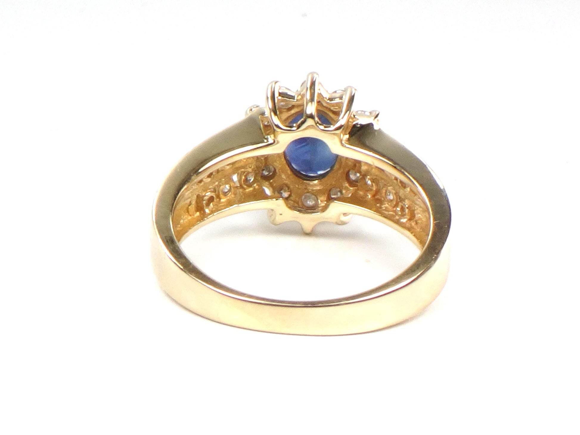 Vintage 14k Yellow Gold Oval Blue Sapphire Diamond Halo Ring, Size 7-BelmarJewelers